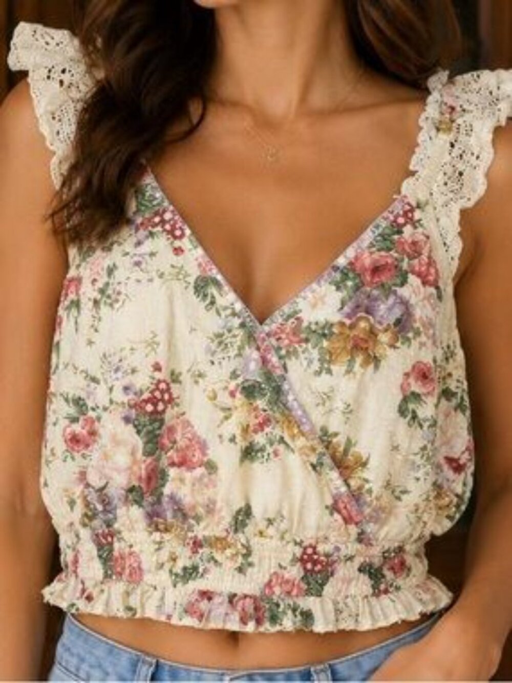 LoveShackFancy Drea Cotton Flutter Sleeve Smocked Floral Cropped Top size XS